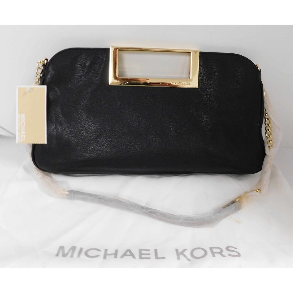 Michael Kors Black Leather Berkley Clutch Square Handle Shoulder Bag NWT